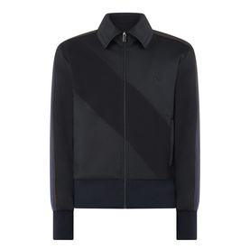 Wales Bonner Form Logo Zip Track Sweatshirt in black with tonal diagonal panel, contrast arm stripes, classic collar, and front zip fastening