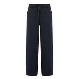 Navy wide-leg drawstring trousers with blue side stripe detail, elasticated waistband, straight-cut silhouette