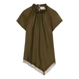Claude Pierlot Womens French Dress in brown, sleeveless style with ruched high neck, asymmetric hem, and lace trim detail.
