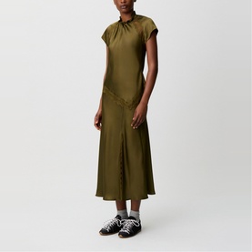 Model wearing Claude Pierlot Womens French Dress in brown, a midi-length satin style with cap sleeves, gathered neckline and flared skirt.