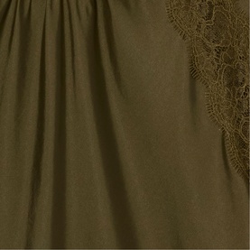 Claude Pierlot Womens French Dress in brown with gathered fabric and floral lace panel detail.
