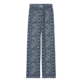 Claude Pierlot wide-leg jeans in navy print with all-over paisley pattern, flat lay view showing full length and straight silhouette.