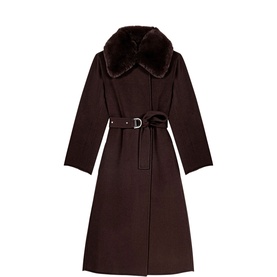 Maje longline dark brown belted wool coat with faux fur collar and D-ring waist belt, no model