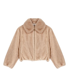 Maje beige faux fur zip-up bomber jacket with oversized faux fur collar and elasticated hem