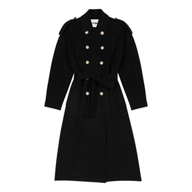 Maje Womens French Dress in red, double-breasted longline coat with gold buttons, epaulettes, and self-tie belt.