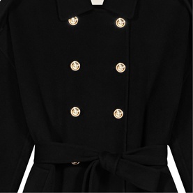 Maje Womens French Dress in red, double-breasted style with gold circular buttons and self-tie waist belt, close-up detail view.