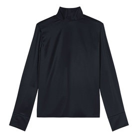 Maje long-sleeve turtleneck top in dark navy, featuring satin finish and buttoned cuffs, flat lay view