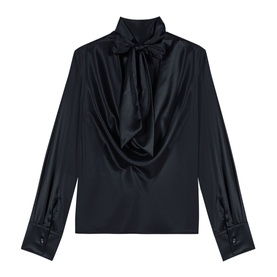 Maje black satin blouse with draped cowl neck, self-tie bow collar, long sleeves and button cuffs