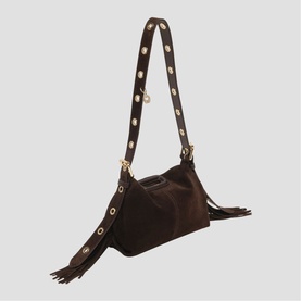 Maje dark brown suede shoulder bag with gold eyelet strap detail, fringe trim, and gold-tone hardware