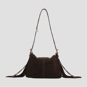 Maje dark brown suede shoulder bag with fringe trim detail, gold-tone hardware, and adjustable crossbody strap