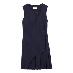 Claude Pierlot Womens French Dress in black pinstripe, sleeveless with asymmetric pleated skirt and button detail