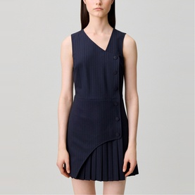 Model wearing Claude Pierlot Womens French Dress in black, sleeveless V-neck with pinstripe detail and asymmetric pleated hem