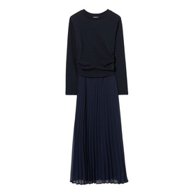 Claude Pierlot blue long-sleeve midi dress with ruched waist detail and pleated chiffon skirt
