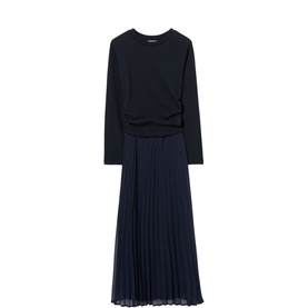 Claude Pierlot blue long-sleeve midi dress with ruched waist detail and pleated chiffon skirt
