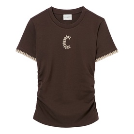 Claude Pierlot brown crew-neck T-shirt with star embroidery motif and contrast stitched sleeve trim, ruched side detail