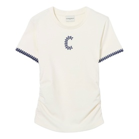 Claude Pierlot cream T-shirt with navy star embroidered C logo on chest and star-stitch trim on sleeves, ruched sides