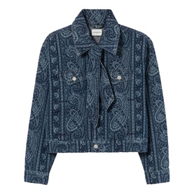 Claude Pierlot navy print paisley denim jacket with spread collar, chest pockets and silver-tone button fastening