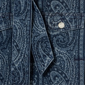 Claude Pierlot Womens French Dress in navy paisley print, close-up of chest pocket and silver button detail on denim-look fabric