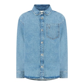 AMI casual jacket in Bleu Used denim, button-front fastening, chest pocket with embroidered logo, point collar