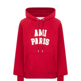 AMI Hoodie in Rouge Rubis with ivory varsity-style AMI Paris logo print, kangaroo pocket and drawstring hood