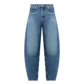 AgoldE jeans in proof blue, high-rise barrel-leg silhouette, 100% cotton denim with faded wash finish