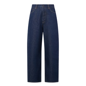 AgoldE Jeans in rinse blue, wide-leg silhouette with high waist, five-pocket styling and clean raw hem