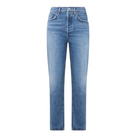 AgoldE straight-leg jeans in waive blue denim, high-rise waist, five-pocket style, 99% cotton construction