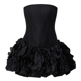 Aje black strapless mini dress with structured corset bodice and voluminous floral appliqu&eacute; skirt in linen-viscose blend