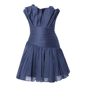 Aje navy strapless mini dress with ruched bodice, pleated waistband and full flared skirt in lyocell linen blend