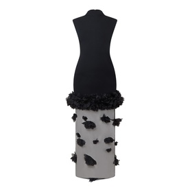 Aje black midi dress with sheer skirt overlay and 3D floral appliqu&eacute; detail, displayed on dress form, back view