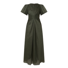 Aje dark olive maxi dress with short flutter sleeves, ruched waist detail, and flowing A-line skirt in lyocell-linen blend
