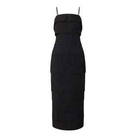 Aje black tiered midi dress with spaghetti straps and horizontal fringe-effect banding throughout, 100% polyester