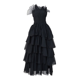 Aje black tiered ruffle maxi dress with sheer off-shoulder detail, smocked bodice, and layered tulle skirt