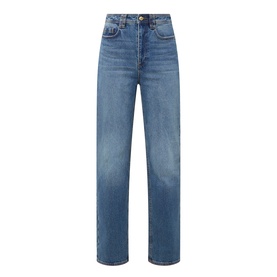 Aje jeans in Stormy Wash, high-rise straight-leg cut in mid-blue denim with subtle fading, 99% cotton
