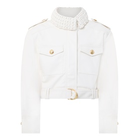 Aje Mossan Utility Cropped Jacket in ivory with braided high neck, gold-toned hardware, patch pockets, epaulettes, and removable belt