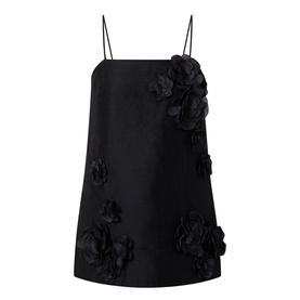 Aje black sleeveless mini dress with thin straps and 3D floral appliqu&eacute; detail in lyocell-linen blend