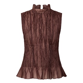 Aje chocolate sleeveless top with smocked high neck, tiered pleated hem, and sheer crinkle texture