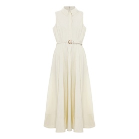 Phase Eight white sleeveless midi shirt dress with pleated skirt and gold-tone D-ring belt, product flat shot