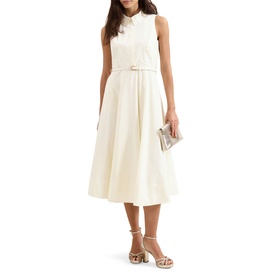 Model wearing Phase Eight white sleeveless midi shirt dress with full skirt and belt, styled with silver heeled sandals and clutch bag