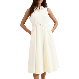 Model wearing Phase Eight white sleeveless midi shirt dress with pleated skirt, belted waist, and collared neckline