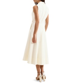 Model wearing Phase Eight white sleeveless midi dress with belted waist and full skirt, styled with gold heeled sandals, rear view