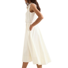 Model wearing Phase Eight white sleeveless midi dress with fitted waist, full A-line skirt and side pockets, side profile view