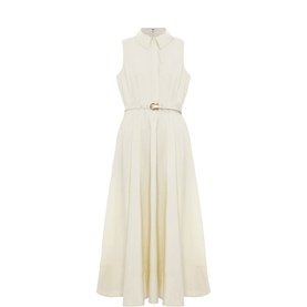 Phase Eight white sleeveless midi shirt dress with pleated skirt and gold-tone D-ring belt, product flat shot