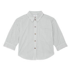 Reiss white stripe long sleeve shirt with button-down collar and brown buttons, flat lay view