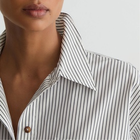 Model wearing Reiss white striped shirt dress, close-up of pointed collar and tortoiseshell button detail