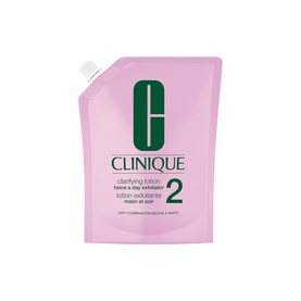 Clinique Clarifying Lotion 2 Twice-A-Day Exfoliator in large pink refill pouch format for dry combination to oily skin