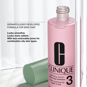 Clinique Clarifying Lotion Exfoliator in shade 3 Combination/Oily, large pink bottle with green cap alongside smaller bottle