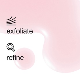 Clinique exfoliator lifestyle graphic on pink background highlighting exfoliate and refine benefits for combination to oily skin