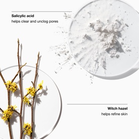 Clinique exfoliator ingredient flatlay showing salicylic acid powder and witch hazel botanical stems on glass dishes, white background