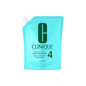 Clinique Clarifying Lotion Twice A Day Exfoliator in shade 4 Oily, teal refill pouch with pump nozzle